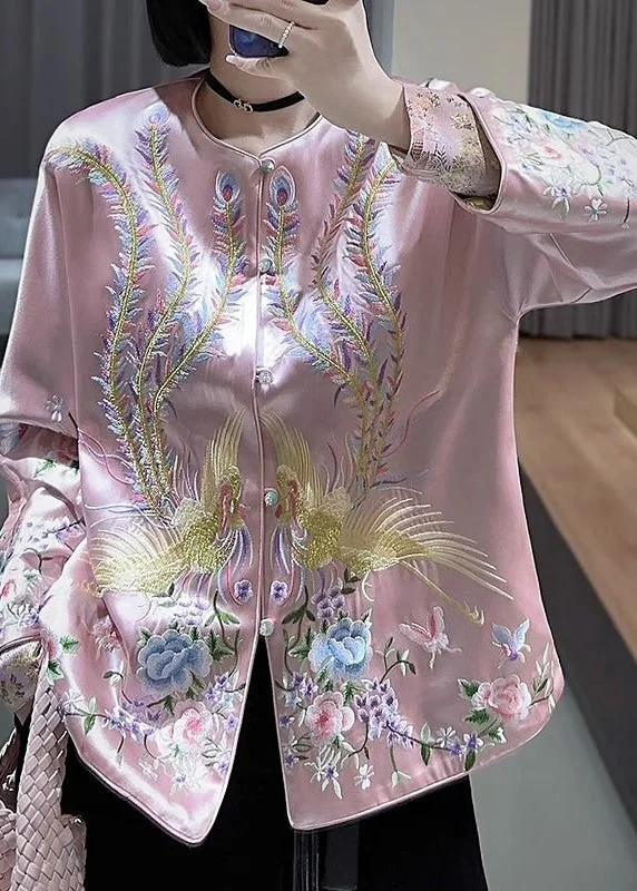 Women Pink Embroideried Wear On Both Sides Silk Coat Spring Jersey Tulle Batik
