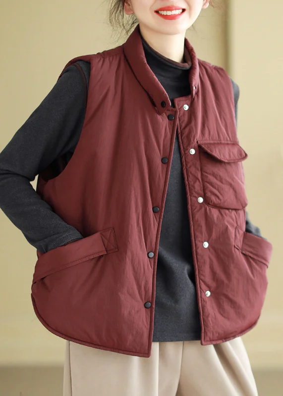 Women Wine Red Button Pockets Cotton Filled Waistcoat Sleeveless Chic Tailored Waistcoat Jacket Women Wine Red Button Pockets Cotton Filled Waistcoat Sleeveless Chic Tailored Waistcoat Jacket