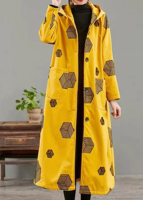 Women Yellow Hooded Pockets Print Warm Fleece Coat Winter Trapeze Tunic Caftan