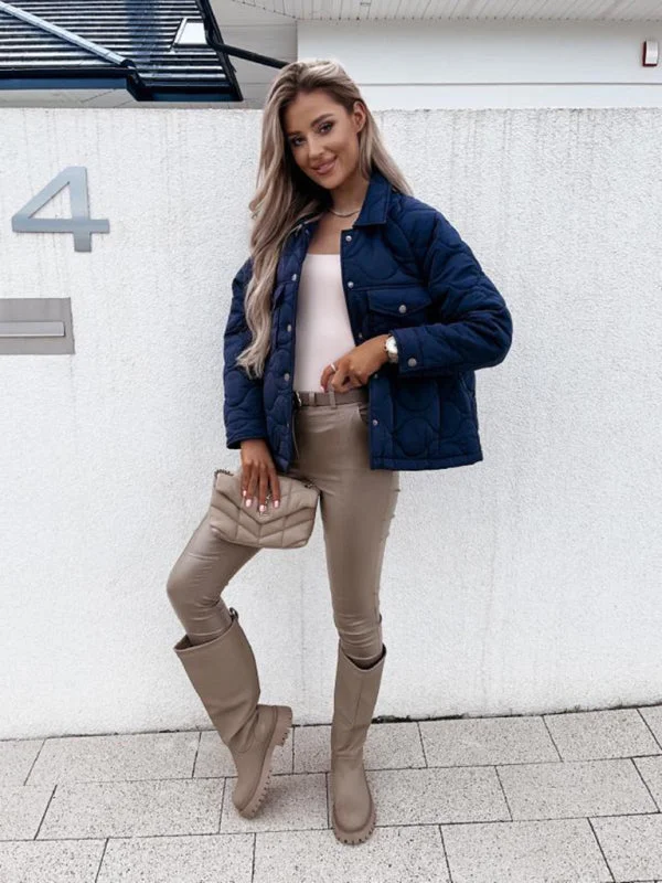 Women's Quilted Coat With Button Fastening And Front Pockets Bomber Jacket Denim Jacket Leather Jacket Women's Quilted Coat With Button Fastening And Front Pockets Bomber Jacket Denim Jacket Leather Jacket