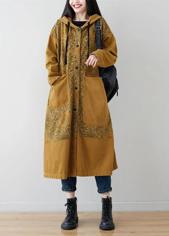 Yellow Pockets Patchwork Print Denim Hooded Long Coat Spring Nylon Polyester Spandex Yellow Pockets Patchwork Print Denim Hooded Long Coat Spring Nylon Polyester Spandex