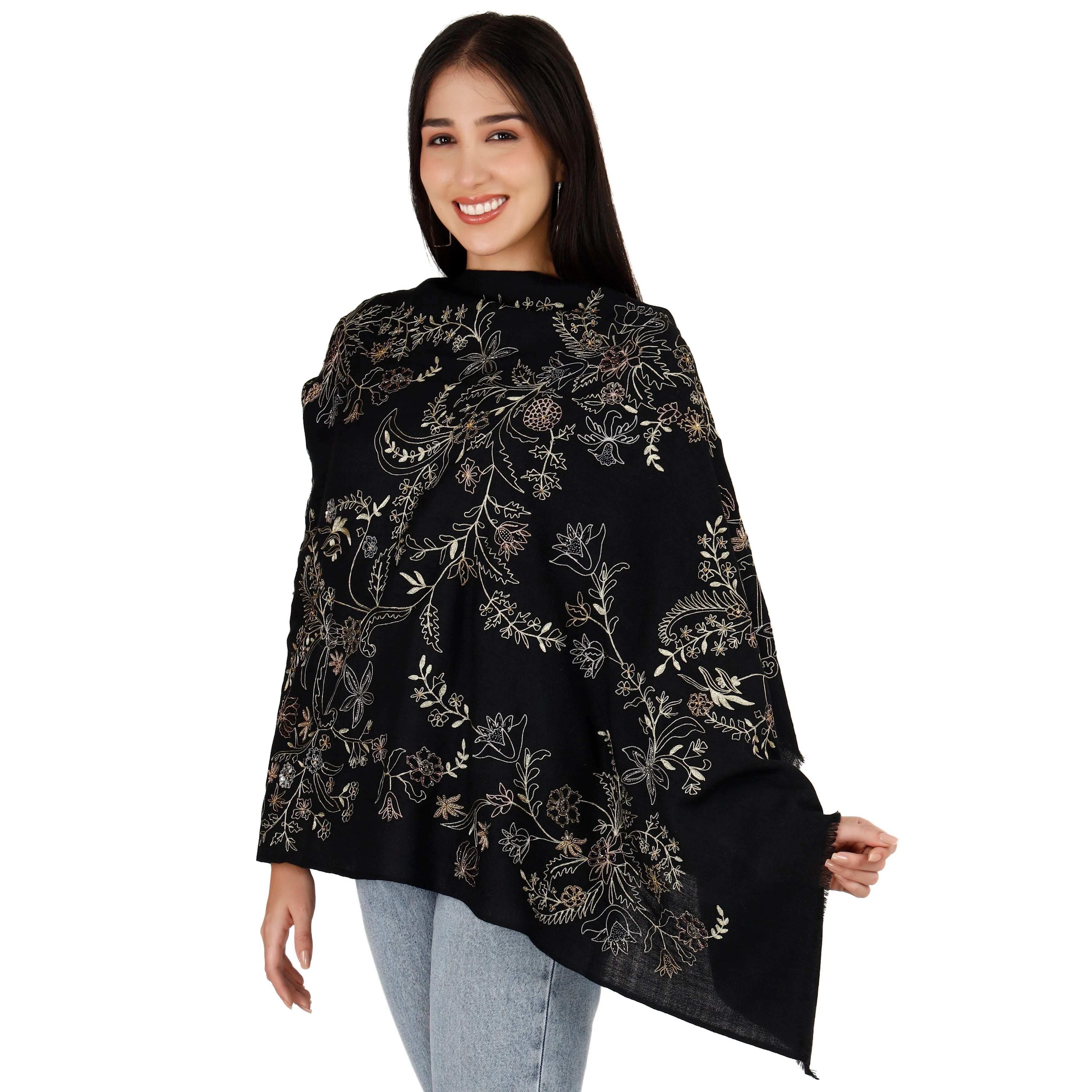 Large Luxury Shawl with Shiny Thread Embroidery Elegant Velvet Shawl Wrap