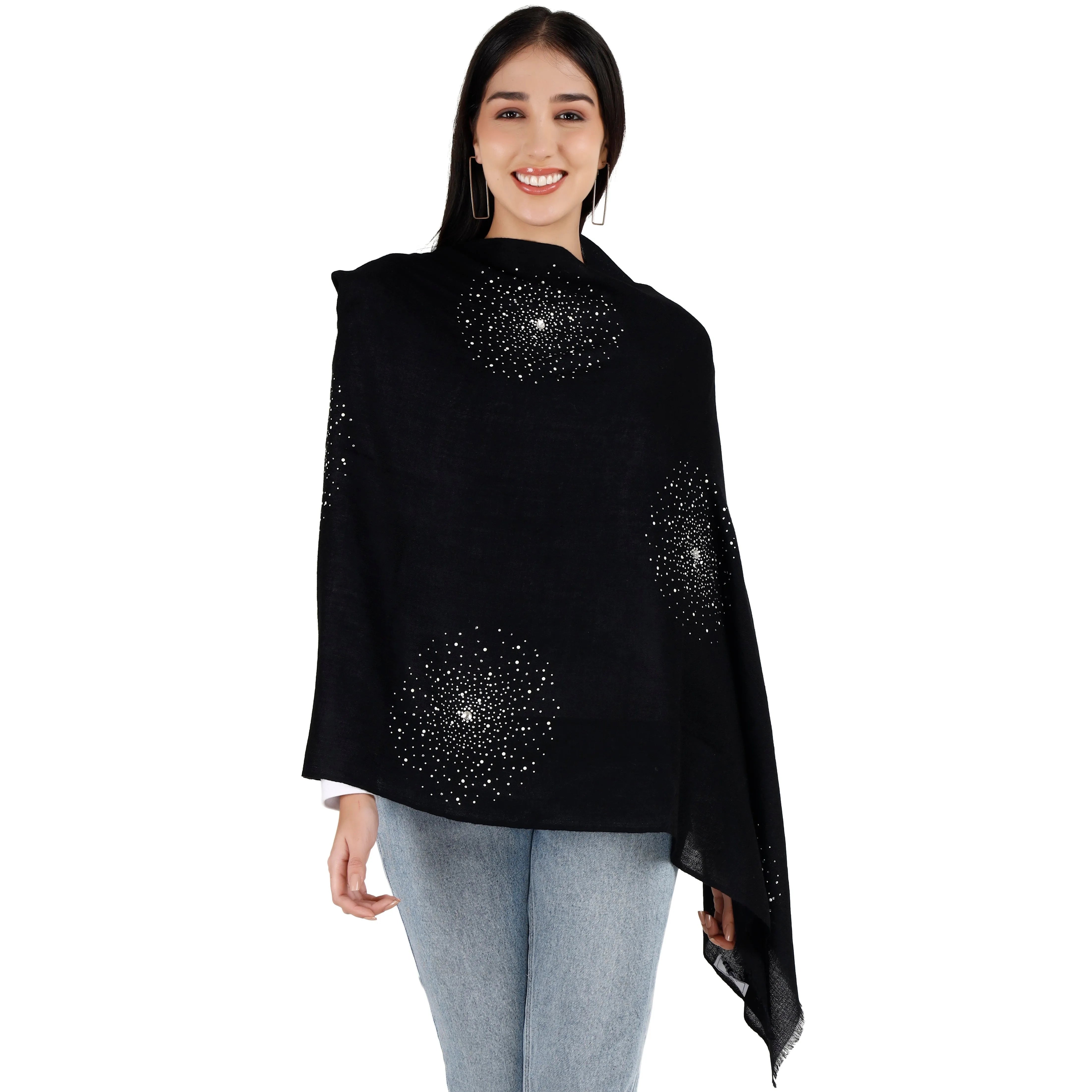 Large Pashmina Shawl with Crystal Beads Burst Design Warm Knit Shawl Scarf