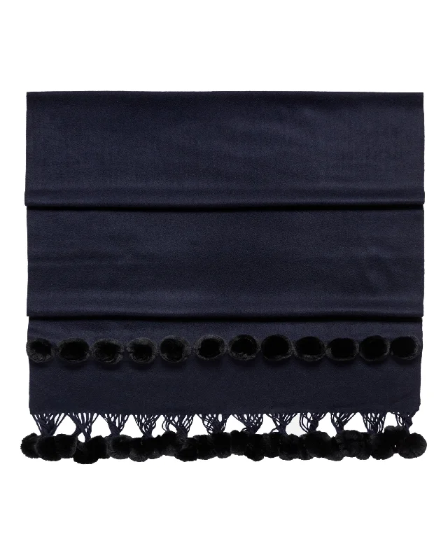 Women's Davos Fur Bobble Woven Shawl Navy Blue Trendy Long Knit Shawl