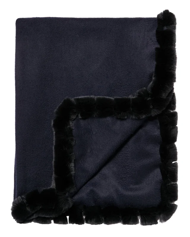 Women's Meribel Woven Fur Trim Cashmere Shawl Navy Blue Cozy Chunky Knit Shawl