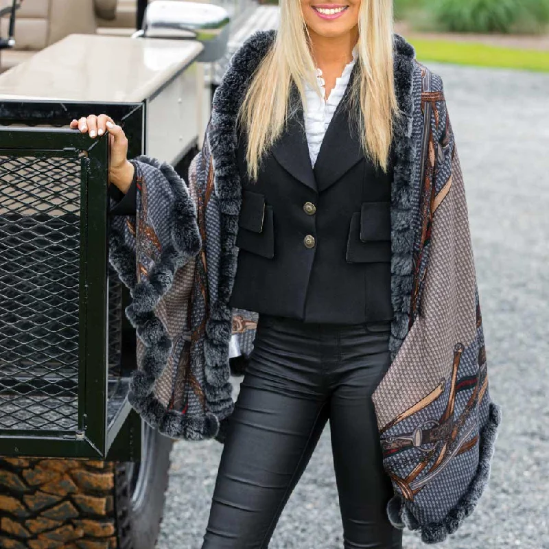 Fur Trimmed Cashmere Blend Shawl Stylish Chunky Wool Shawl