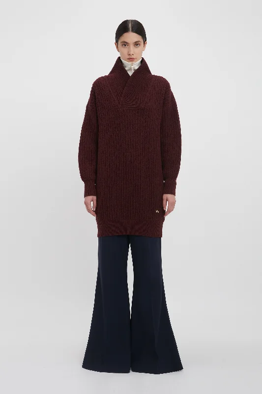 Shawl Neck Knitted Jumper Dress In Port Warm Wool Shawl Cape