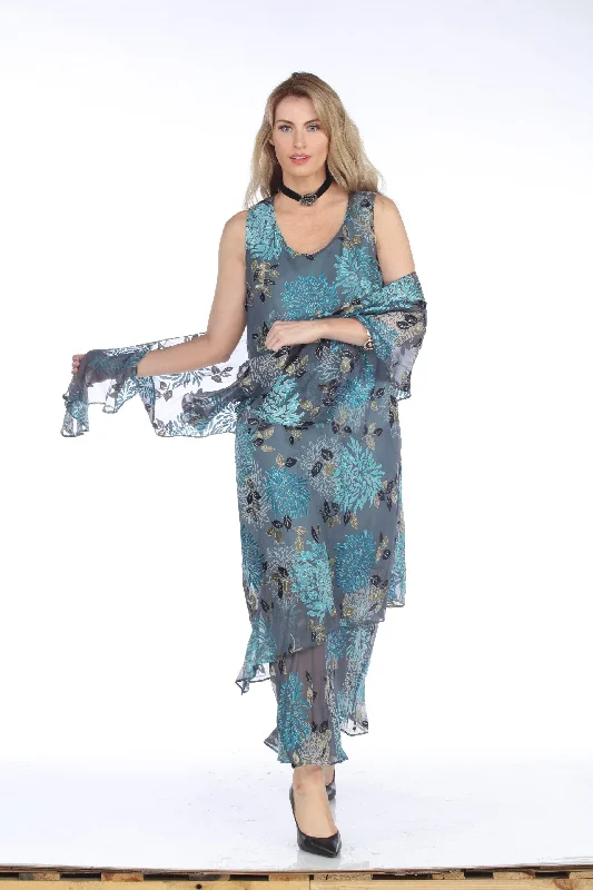 SILK BURNOUT V-TANK DRESS W/SHAWL-BLUE-ARIS A Chic Chunky Knit Shawl