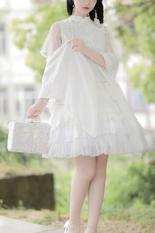 White Stand Collar Ruffle Chinese Qi Shawl Sweet Lolita Dress Fashionable Wool Blend Shawl