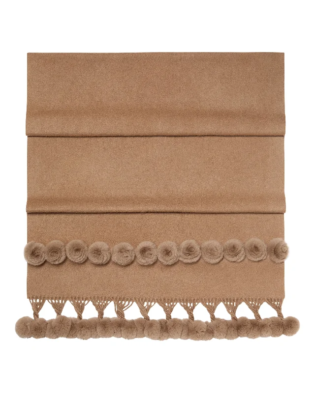 Women's Davos Fur Bobble Woven Shawl Dark Tan Brown Trendy Embroidered Shawl Wrap