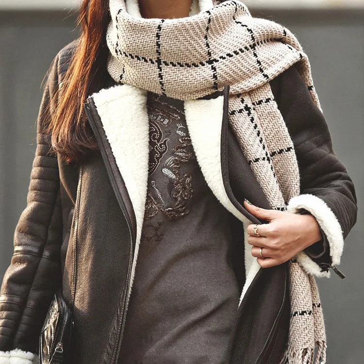 Women's Winter Plaid Pattern Pashmina Long Tassel Thick Warm Shawl Luxurious Cashmere Shawl Wrap