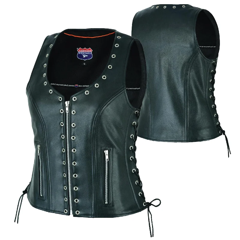 Women's Eyelet  Leather Vest - Longer Length HL14682 Hooded Long Vest