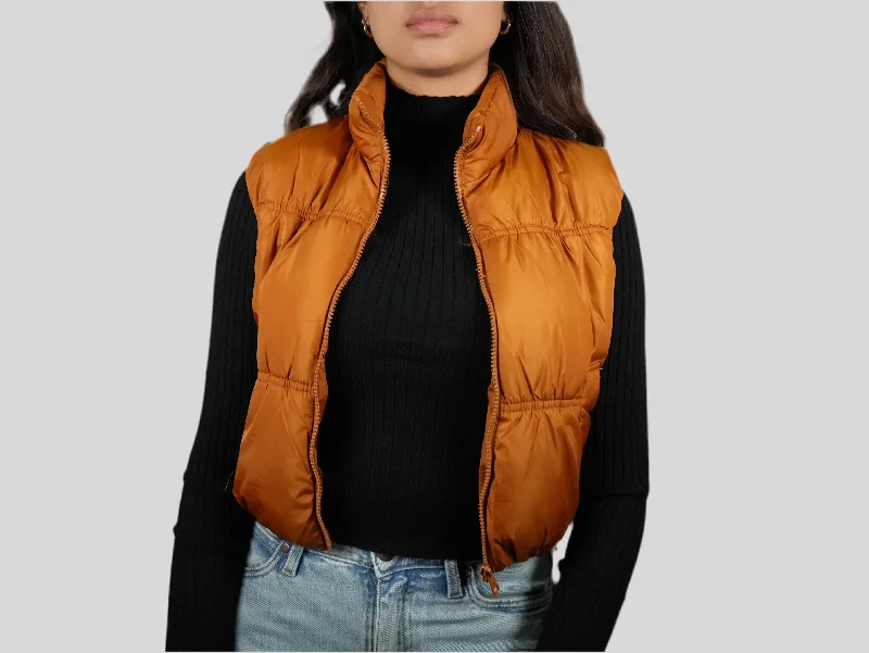 Blashe Cropped Zip Up Cognac Puffer Vest Luxe Faux Fur Vest