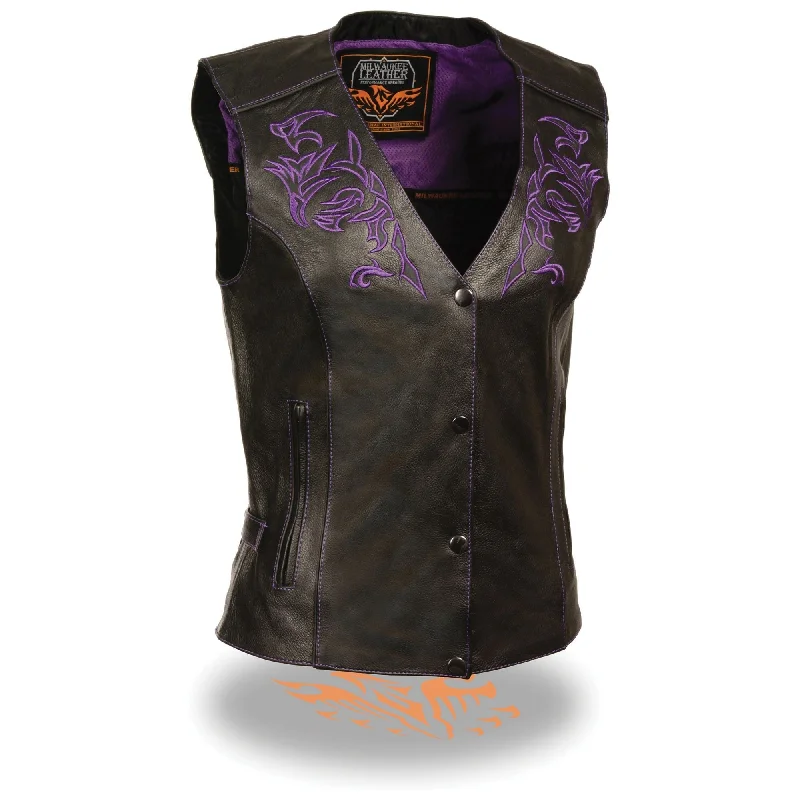 Purple Tribal Design (Reflective) Women's Motorcycle Leather Vest Draped Open Vest