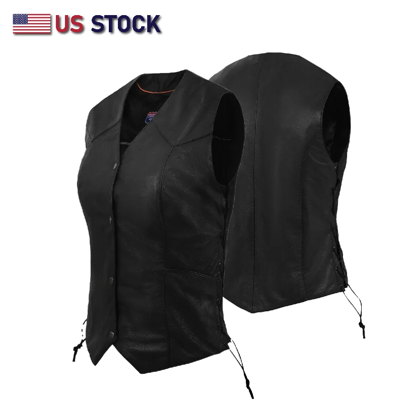 Women's Side-Lace Leather Vest - The Classic 14501Black Sleeveless Overcoat Vest