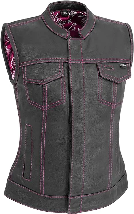 FIL022PINK | Jessica - Women's Club Style Motorcycle Leather Vest Stretchy Knit Vest