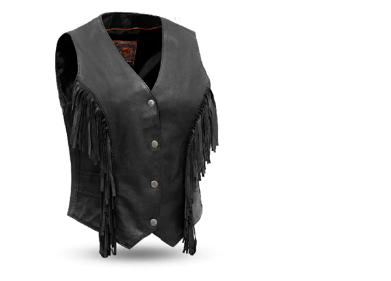 FIL572SDM | Apache - Women's Motorcycle Fringe Leather Vest Trendy Waterfall Vest