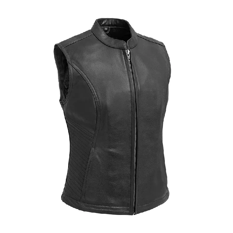 FIL584CDM | Nina Women's Motorcycle Leather Vest Collared Sleeveless Coat
