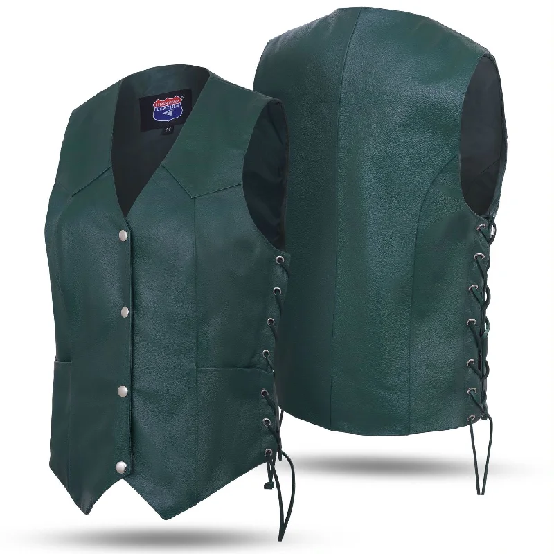 HL14501Green Hunter Green Women motorcycle HUNTER GREEN Leather Vest Biker Club Conceal Carry Quilted Down Vest