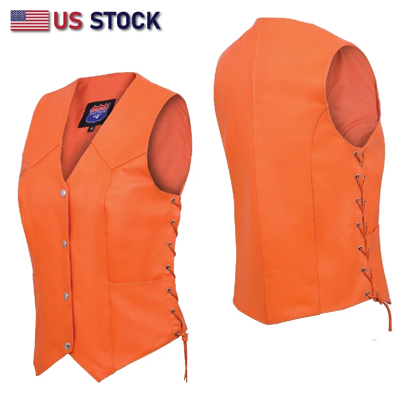 HL14501Orange Leather - Women motorcycle leather Vest ORANGE Elegant Duster Vest