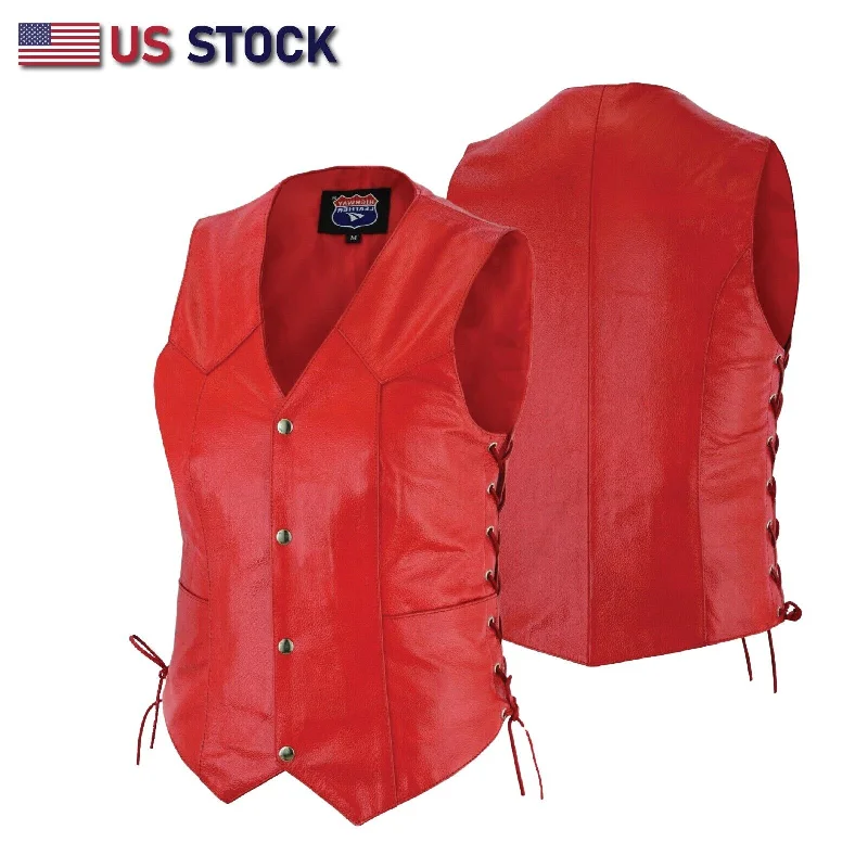 HL14501RED Red Leather Vest - Women motorcycle Club Cropped Denim Vest