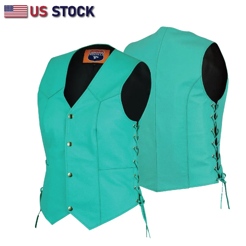HL14501TEAL Women's Teal color side laced Leather Vest with Gun pockets for clubs Suede Fringe Vest