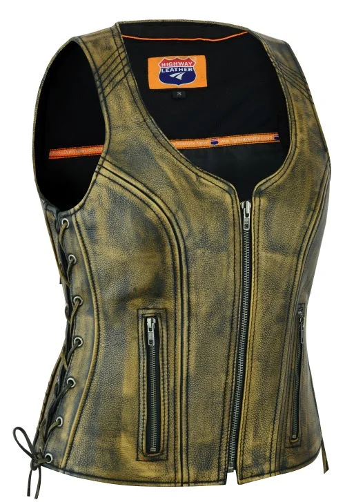 HL14531BEIGE Women's Distressed Brown ‘Open Neck’ Motorcycle Leather Vest with Side Laces Zip-Front Sport Vest HL14531BEIGE Women's Distressed Brown ‘Open Neck’ Motorcycle Leather Vest with Side Laces Zip-Front Sport Vest