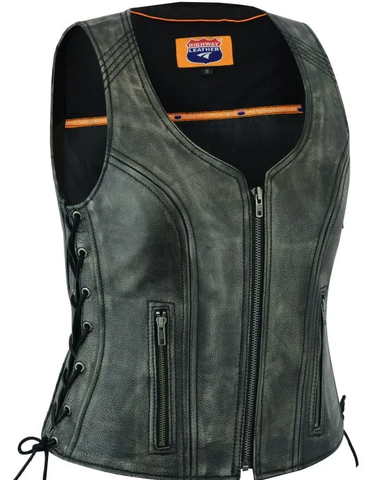 HL14531GRAY Women's Distressed Grey ‘Open Neck’ Motorcycle Leather Vest with Side Laces Fuzzy Layered Vest HL14531GRAY Women's Distressed Grey ‘Open Neck’ Motorcycle Leather Vest with Side Laces Fuzzy Layered Vest