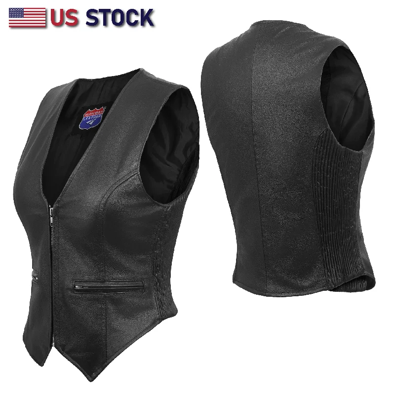 HL14535SPT Women rib stretch zipper front leather vest Tailored Business Vest