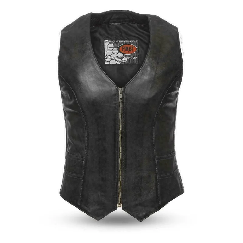 Ladies Motorcycle Leather Vest Western Style V Neck Women vest Minimalist Long Vest