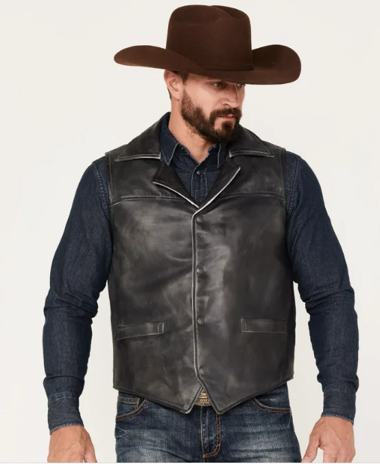 Men's Cripple Creek Black Leather Moto Vest Elegant Lightweight Waistcoat
