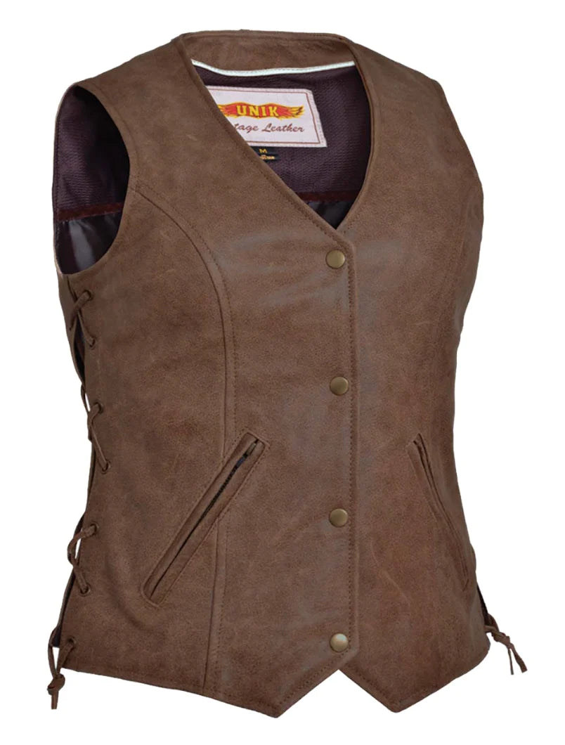 6897.ANT- Vintage Brown Leather Vest Hooded Long Vest