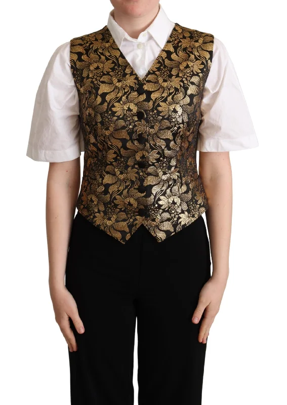 Dolce & Gabbana Elegant Black Jacquard Waistcoat Stylish Faux Fur Waistcoat Vest