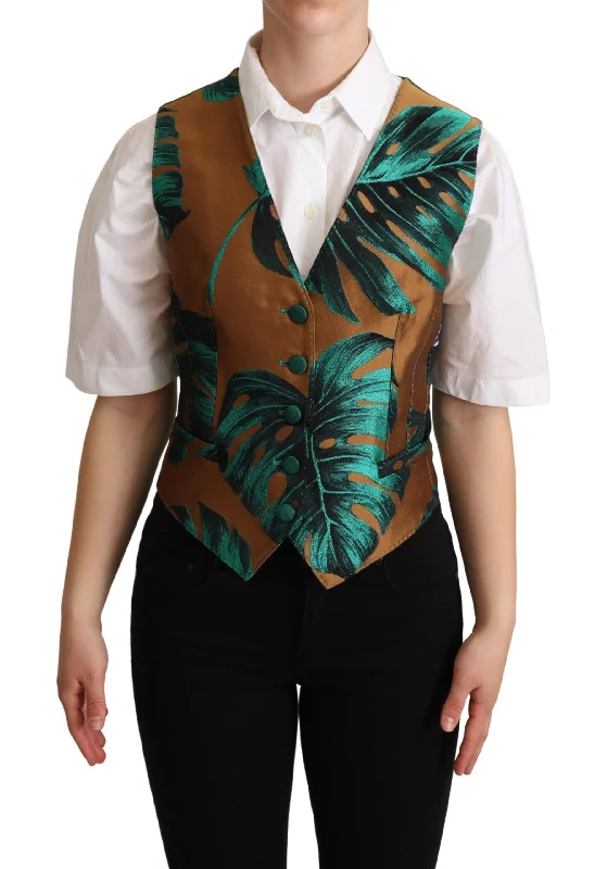 Dolce & Gabbana Elegant Green Leaf Print Waistcoat Comfortable Faux Fur Waistcoat