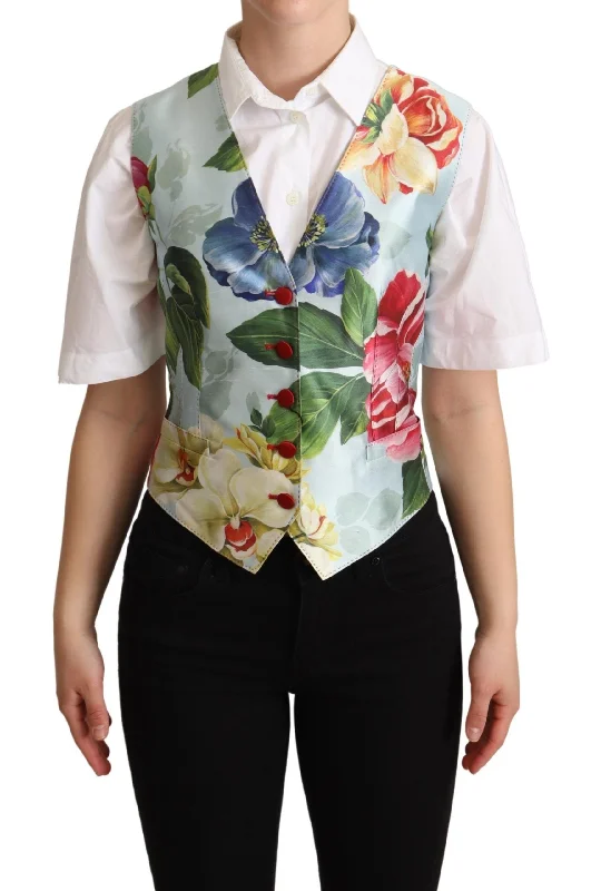 Dolce & Gabbana Elegant Floral Print Silk Waistcoat Stylish Velvet Waistcoat Jacket