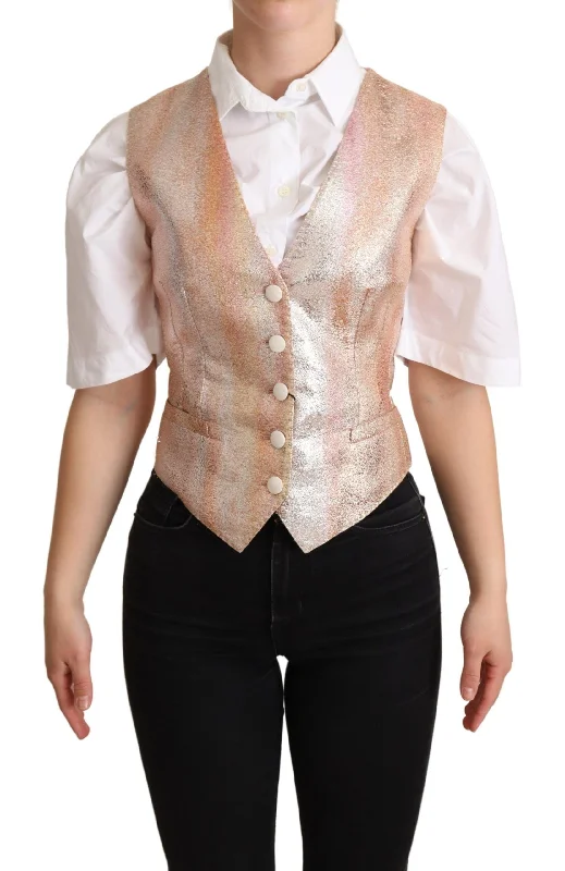 Dolce & Gabbana Elegant Pink Metallic Sheen Waistcoat Warm Knit Waistcoat Jacket