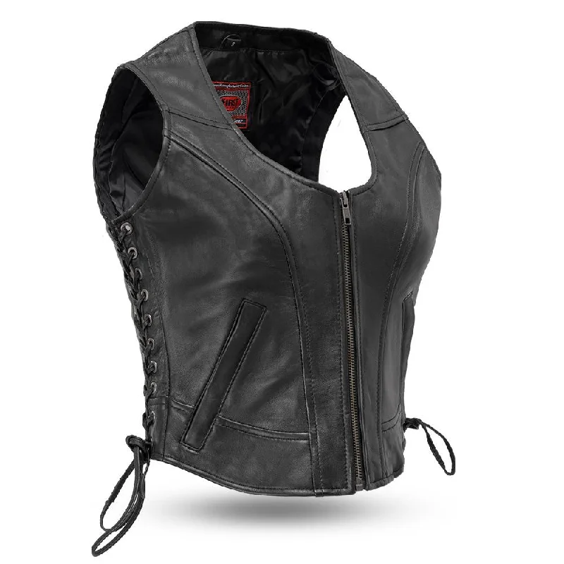 Ladies Leather Front Zipper Leather Vest ( RAVEN ) FIL542GDD High-Collar Puffer Vest