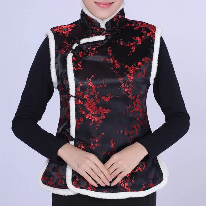Floral Brocade Chinese Waistcoat with Fur Edge Comfortable Wool-Lined Waistcoat