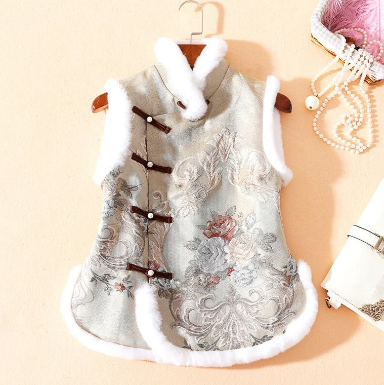 Floral Brocade Fur Collar & Cuff Chinese Style Thick Waistcoat Vest Chic Tailored Waistcoat Jacket Floral Brocade Fur Collar & Cuff Chinese Style Thick Waistcoat Vest Chic Tailored Waistcoat Jacket