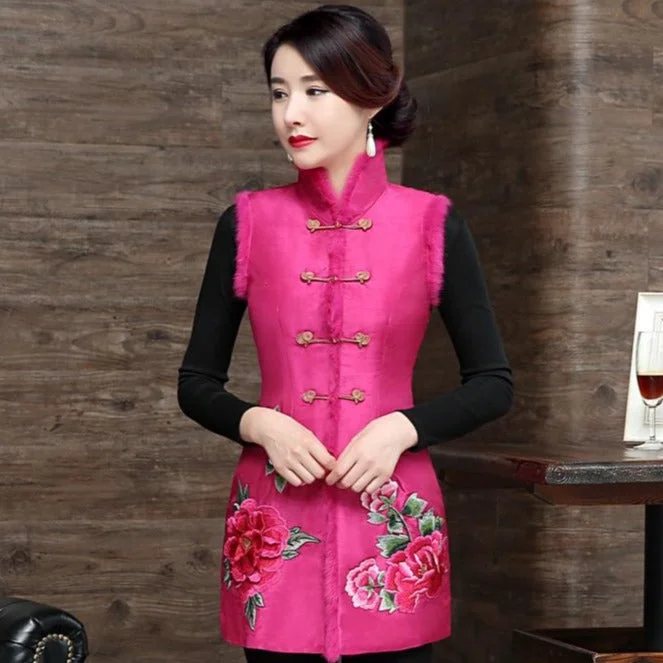 Floral Embroidery Stand Collar Chinese Style Wadded Waistcoat Vest Fashionable Quilted Waistcoat Floral Embroidery Stand Collar Chinese Style Wadded Waistcoat Vest Fashionable Quilted Waistcoat