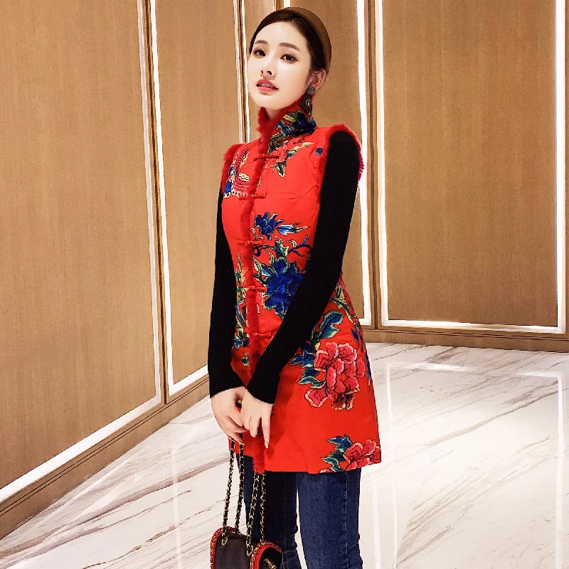 Fur Collar & Edge Floral Brocade Chinese Style Wadded Waistcoat Vest Trendy Faux Leather Waistcoat Fur Collar & Edge Floral Brocade Chinese Style Wadded Waistcoat Vest Trendy Faux Leather Waistcoat