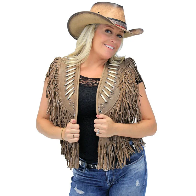 Genuine Bone Studded Brown Fringe Leather Vest Stretchy Knit Vest