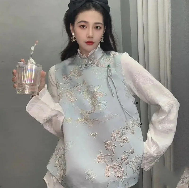 Golden Silk Thread Floral Embroidery Brocade Chinese Style Waistcoat Vest Fashionable Sleeveless Waistcoat Vest Golden Silk Thread Floral Embroidery Brocade Chinese Style Waistcoat Vest Fashionable Sleeveless Waistcoat Vest
