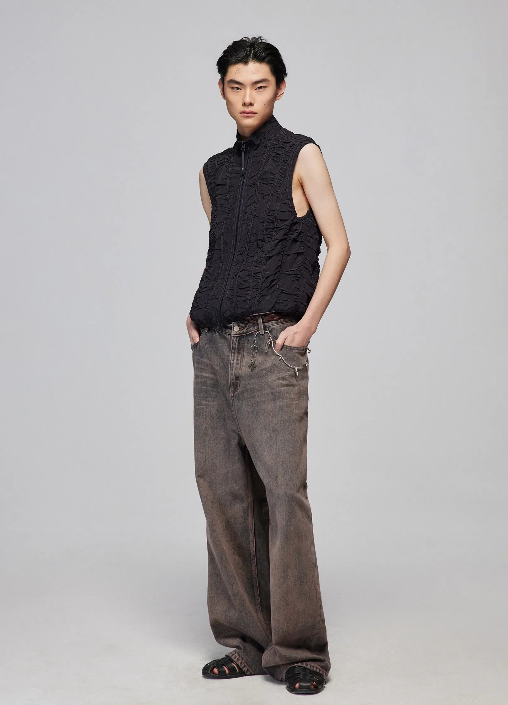 Ruched Zip Front Puffer Vest Sleeveless Peacoat Vest