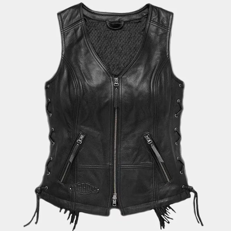 Harley Davidson Women Boone Fringed Leather Vest Extra-Warm Insulated Vest