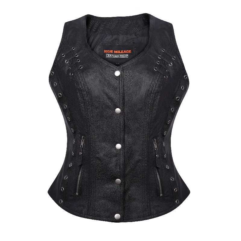 HML1038B Ladies Lightweight Naked Goatskin Leather Vest with Grommets, Twill and Lace Highlights Thick Thermal Vest