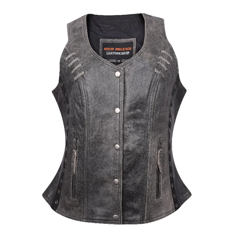 HML1038DG Ladies Lightweight Distressed Gray Leather Vest with Grommeted Twill and Lace Highlights Puffy Outdoor Vest