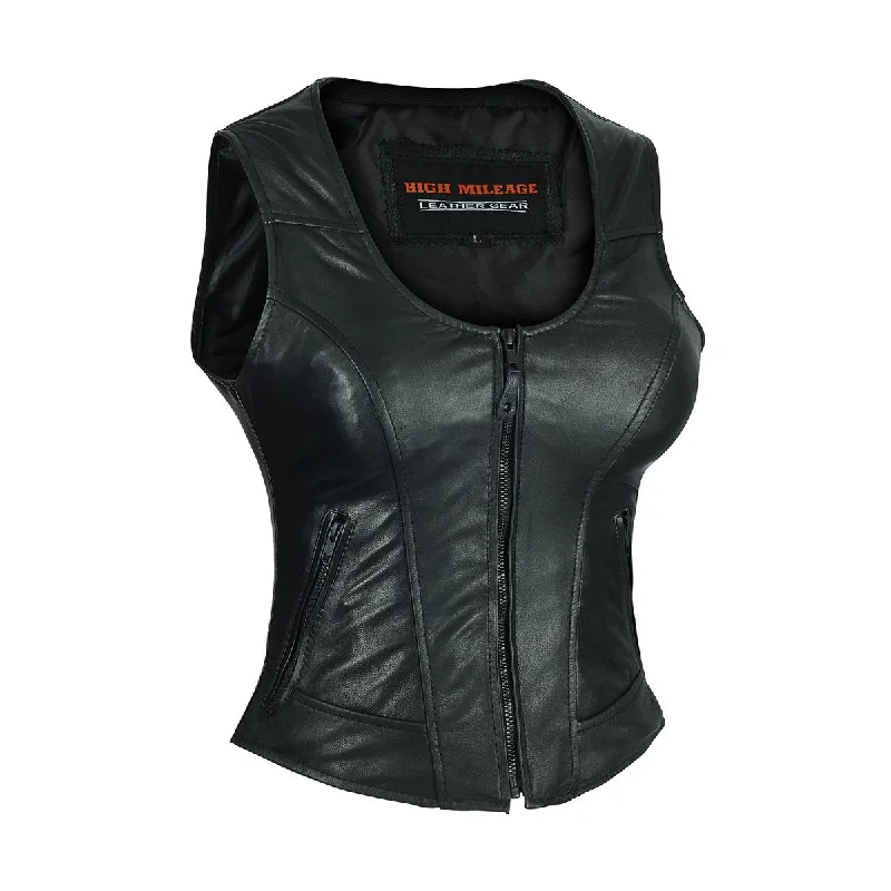 HML1041 High Mileage Plain Side Black Leather Vest Fur-Lined Hood Vest