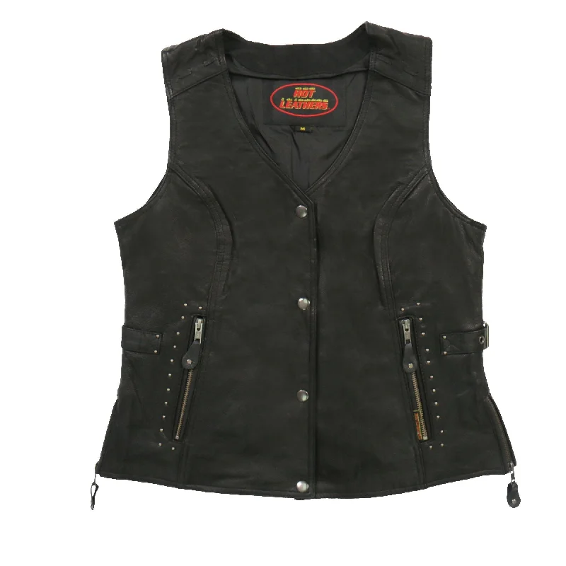 Hot Leathers VSL1014 Ladies Black Leather Vest with Fringe Ultra-Warm Down Vest