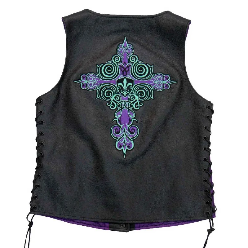 Hot Leathers VSL2001 Ladies Black 'Fleur De Lis Cross' Leather Vest Thick Plush Vest Hot Leathers VSL2001 Ladies Black 'Fleur De Lis Cross' Leather Vest Thick Plush Vest